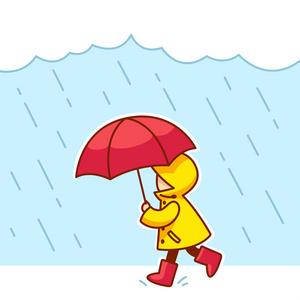 带雨衣雨靴和雨伞的小男孩在雨中奔跑. 可爱的卡通矢量插图.照片
