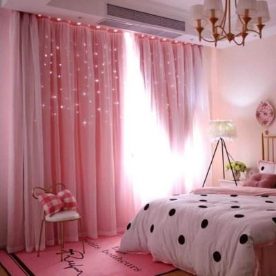 粉红色窗帘布卧室遮光图片