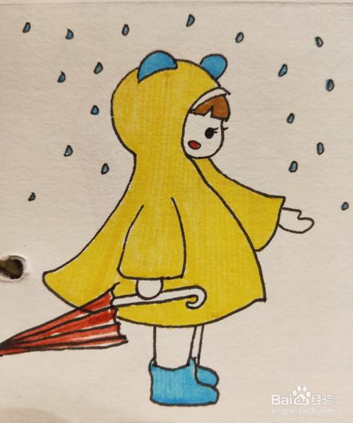 也下起了雨,那我们就应景一些,画一个穿着雨衣在雨中玩耍的小女孩吧!