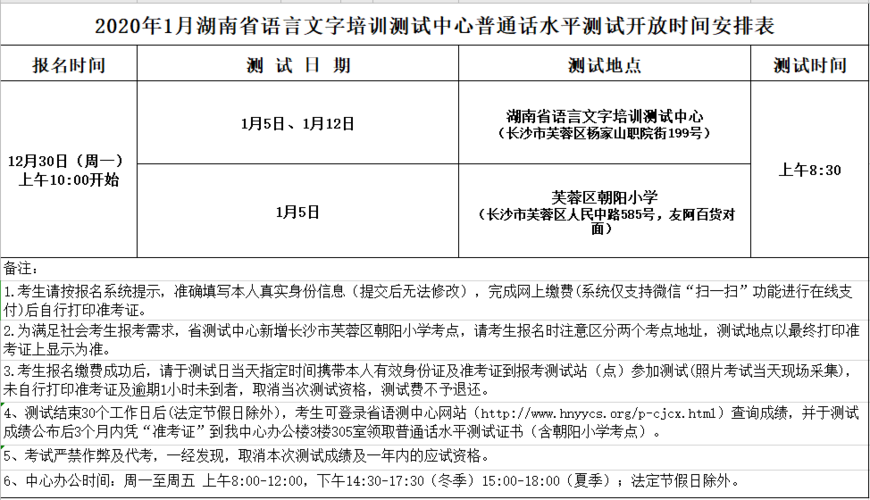 2023年1月湖南省语言文字测试中心普通话水平测试开放时间安排表