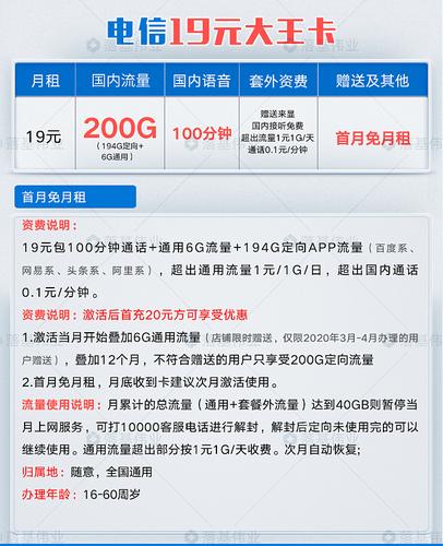 中国电信 大王卡 19元/月 6gb通用 194gb定向 100分钟通话 - 天猫| -
