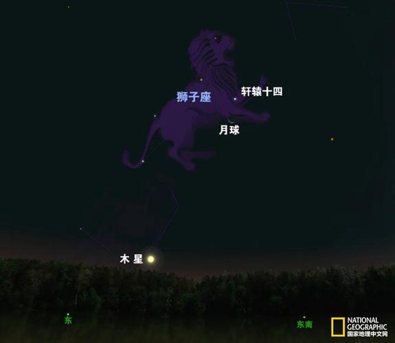 黎明时分,往东方看去,寻找悬挂在新月上方的轩辕十四,也是狮子座的