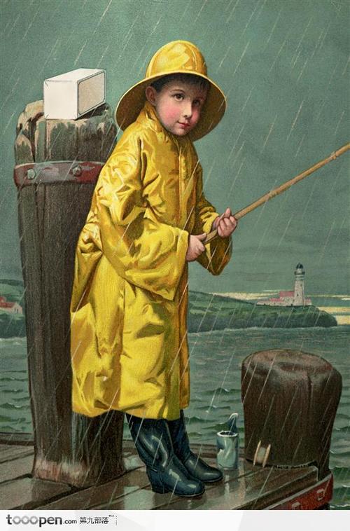 一张图片,一个小男孩在雨中穿着黄色的雨衣,求原图