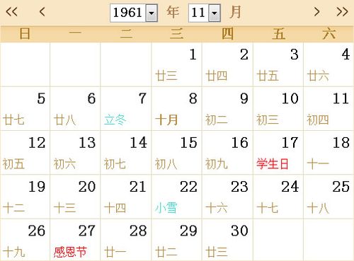 1961全年日历农历表