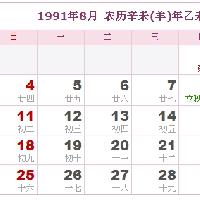 1991年日历表,1991年农历表(阴历阳历对照表)