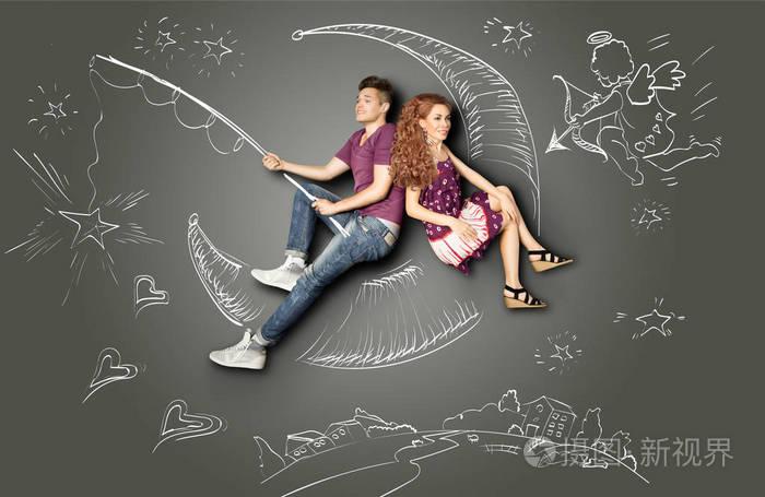 快乐的情人节爱情故事概念一对浪漫的夫妇在月球上钓鱼一颗星星在钩子