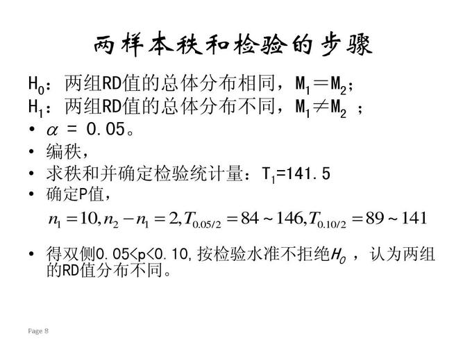 两样本秩和检验的步骤 h0:两组rd值的总体分布相同,m1=m2; h1:两组rd