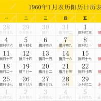 1960年日历表,1960年农历表(阴历阳历节日对照表)
