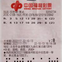 中奖彩票10月13日晚,中国福利彩票双色球游戏进行第2022117期开奖.