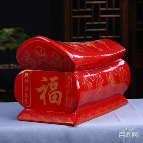 景德镇厂家订做大红色釉面装灰盒 陶瓷棺材大号骨灰盒