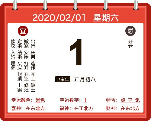 周易预测 黄历查询 2020年2月1日    星期六     农历己亥年正月初八