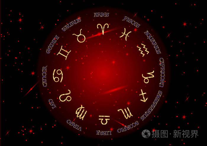 设置生肖图标,金星星座,金象星座..星座星座.占星术符号集.红色夜空和