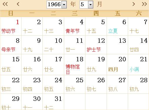 1966年农历阳历表日历表